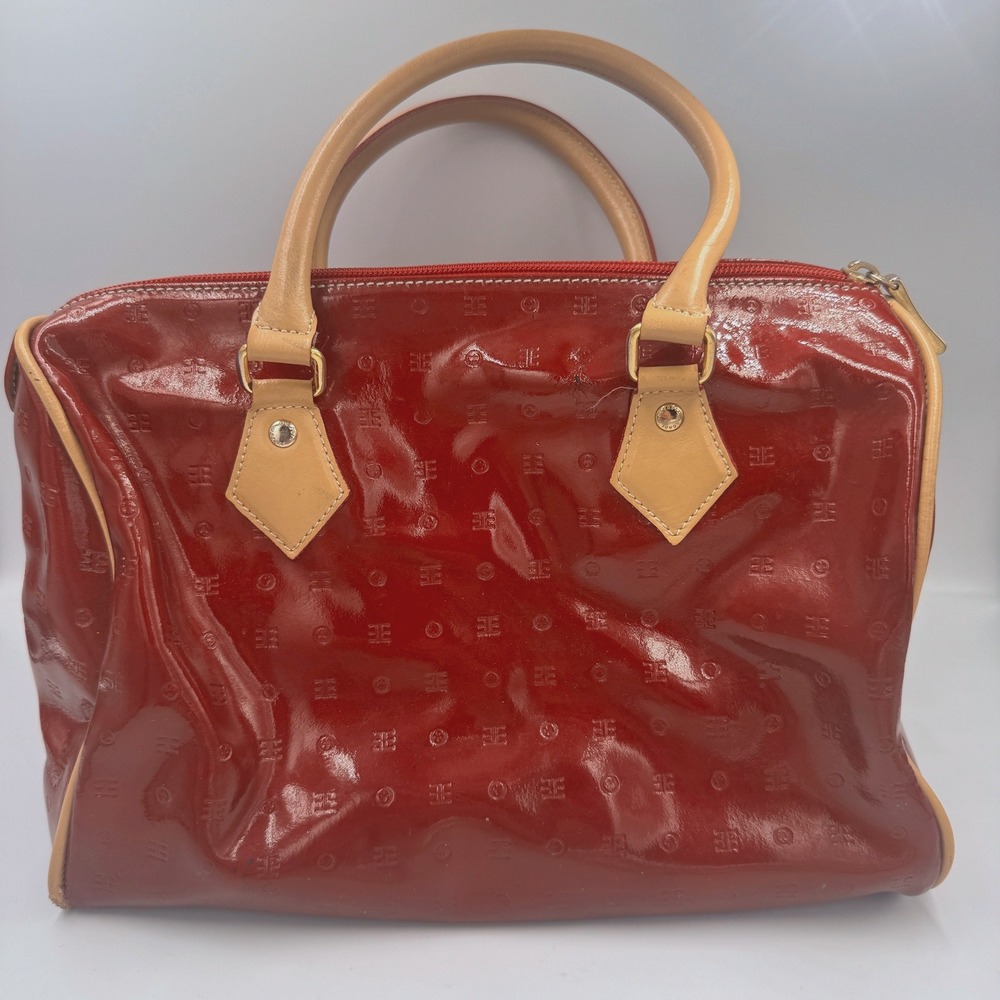 Arcadia Dark Red Patent Leather Monogram Satchel Doctor Bag Made in Italy